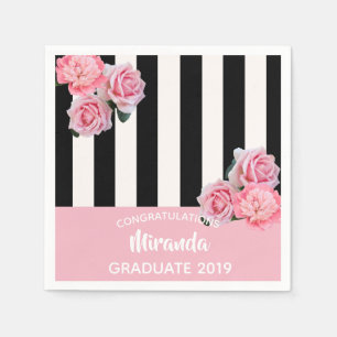 Serviette En Papier Graduation rose noir blanc rayures florales 2025