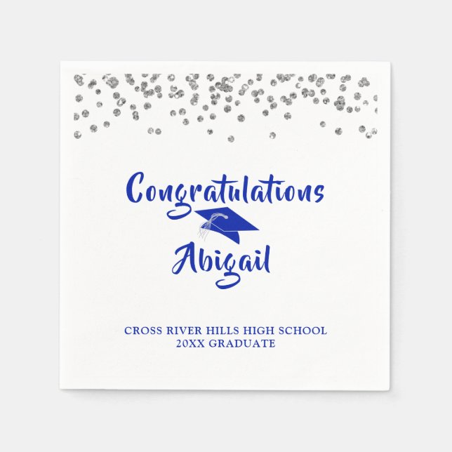 Serviette En Papier Graduation Royal Blue Silver Confetti Brush Script (Devant)