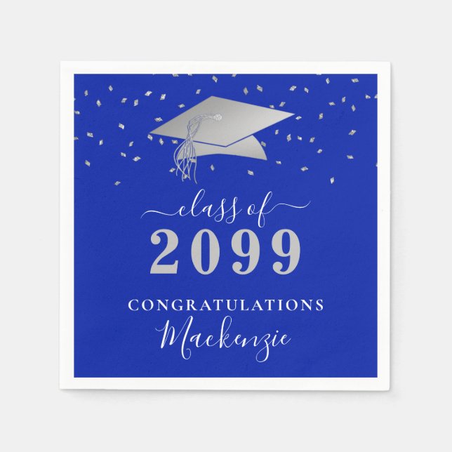Serviette En Papier Graduation Royal Blue Silver Confetti Script (Devant)