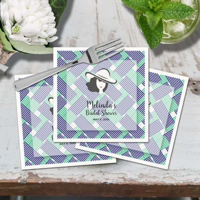 Serviette En Papier Grand chapeau Derby Shower de mariage (Derby hat blue and green diagonal stripes bridal shower cocktail napkins)