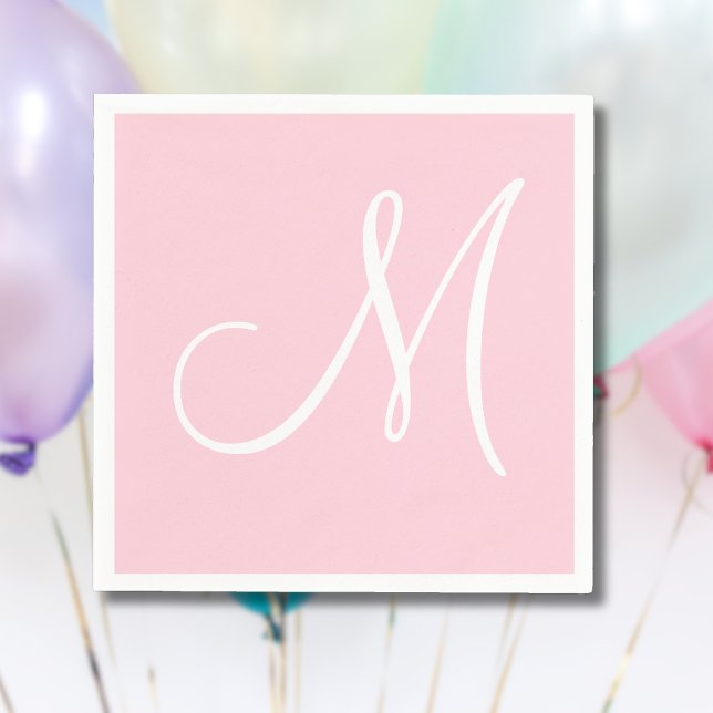 Serviette En Papier Grand monogramme blanc élégant | Pastel Pink (Créateur téléchargé)