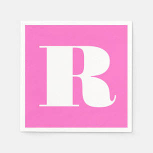 Serviette En Papier Grand monogramme blanc élégant   Rose néon