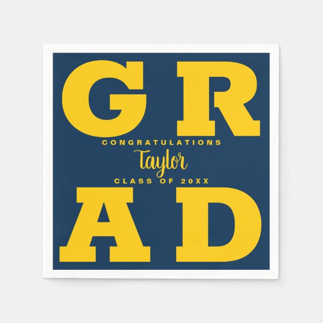 Serviette En Papier Gras GRAD Jaune sur Bleu Graduation (Devant)