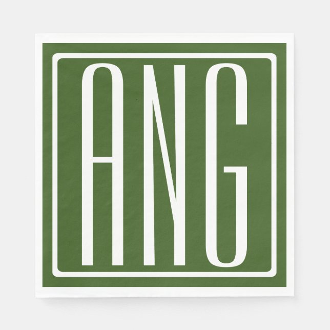 Serviette En Papier Gras moderne 3 initiales Monogramme | Vert foresti (Devant)