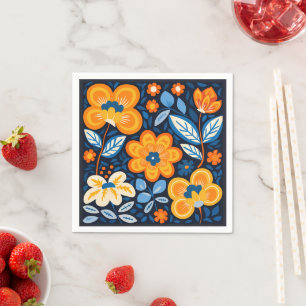 Serviette En Papier Gras Retro Floral Illustration en orange et bleu