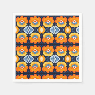 Serviette En Papier Gras Retro Floral Illustration en orange et bleu