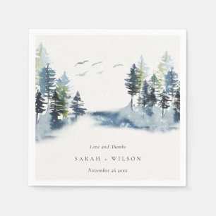 Serviette En Papier Green Blue Pine Woods Forêt Oiseaux Merci Mariage