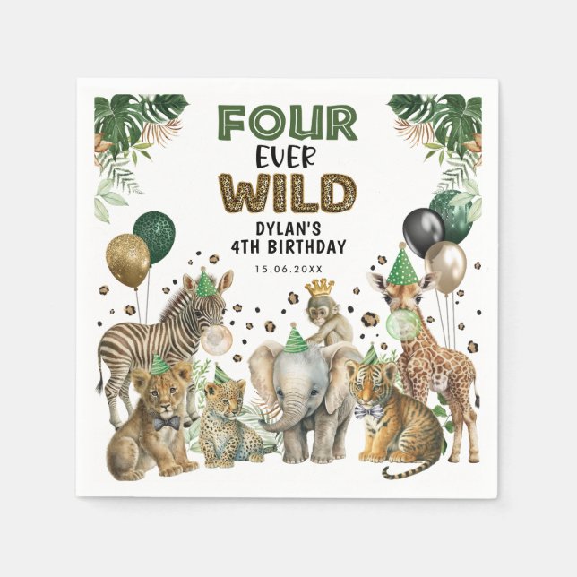 Serviette En Papier Green Gold Four Ever Wild Safari 4e anniversaire (Devant)