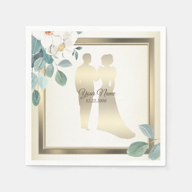 Serviette En Papier Green Leaves Flower Golden Frame Wedding Party (Devant)