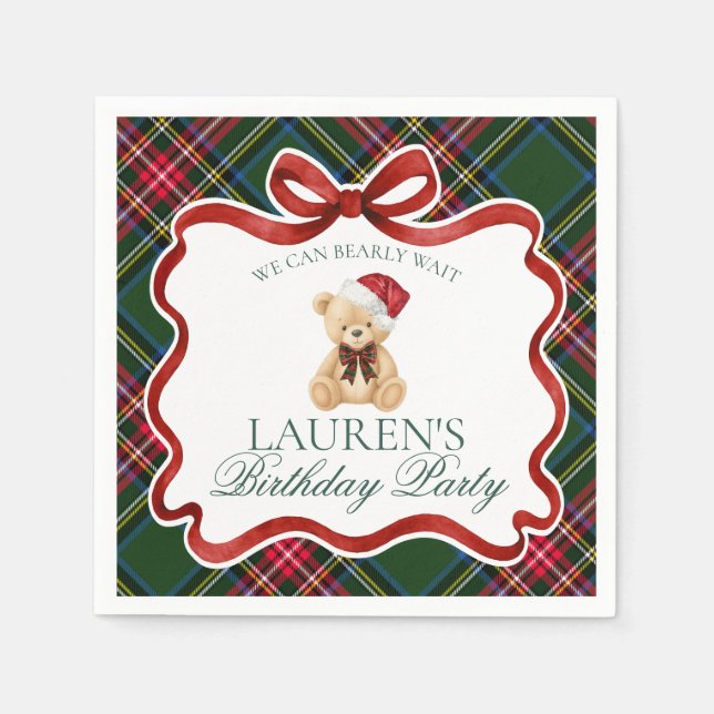 Serviette En Papier Green Tartan Plaid Christmas Bear Birthday Party (Devant)