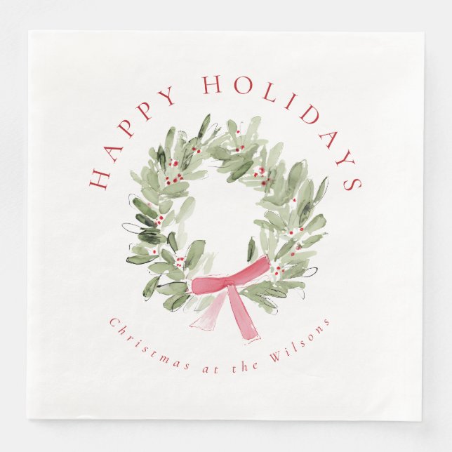 Serviette En Papier Greenery Wreath & Red Bow Holiday (Devant)