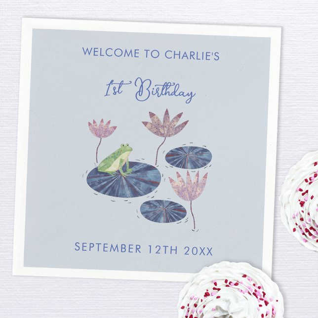 Serviette En Papier Grenouille dans un étang Lily mignonne Premier ann (Personalized frog themed first 1st birthday custom age party paper napkins)