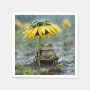 Serviette En Papier Grenouille sous un parapluie tournesol sous la plu