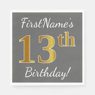 Serviette En Papier Grey, Faux Gold 13e anniversaire + Nom personnalis