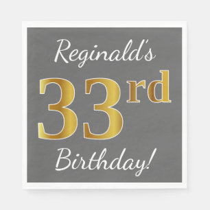 Serviette En Papier Grey, Faux Gold 33e anniversaire + Nom personnalis