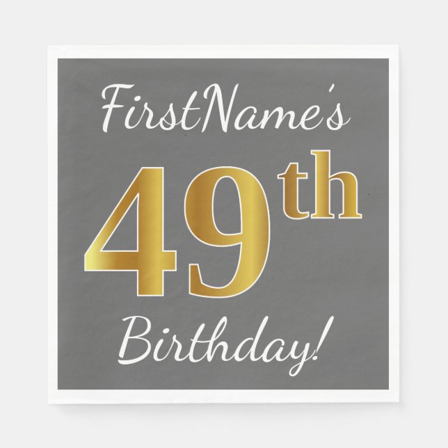 Serviette En Papier Grey, Faux Gold 49e anniversaire + Nom personnalis (Devant)