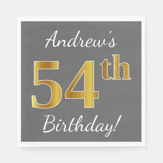 Serviette En Papier Grey, Faux Gold 54e anniversaire + Nom personnalis (Devant)