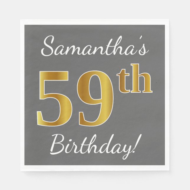 Serviette En Papier Grey, Faux Gold 59e anniversaire + Nom personnalis (Devant)