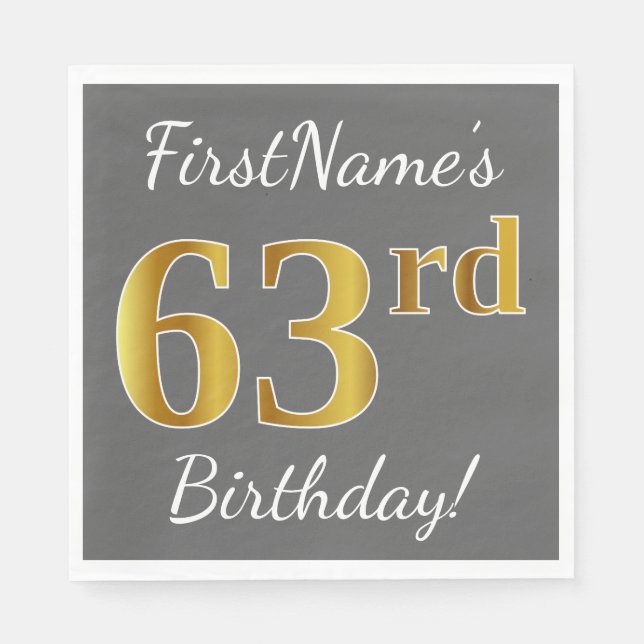 Serviette En Papier Grey, Faux Gold 63e anniversaire + Nom personnalis (Devant)