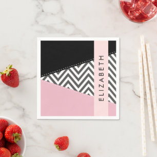 Serviette En Papier Grey Zigzag, Grey Chevron, Rose, Votre Nom