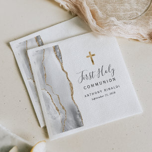 Serviette En Papier Gris Blanc Or Agate Première Communion Sainte