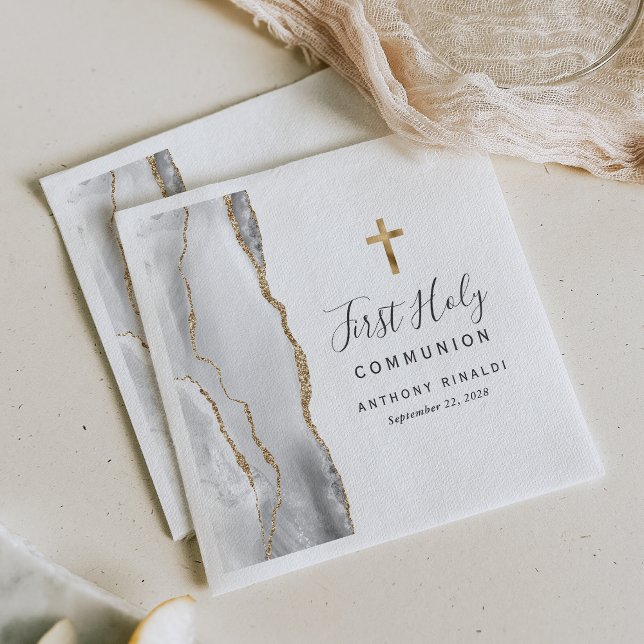 Serviette En Papier Gris Blanc Or Agate Première Communion Sainte (Créateur téléchargé)