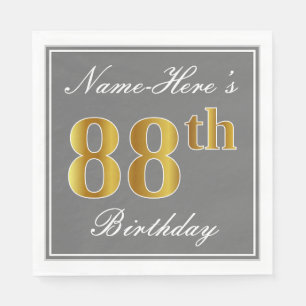 Serviette En Papier Gris Élégant, Or Faux 88e Anniversaire ; Nom Perso