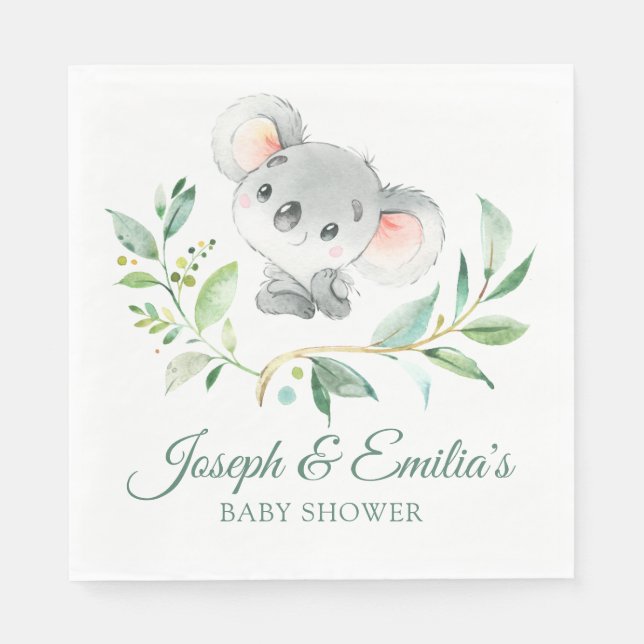 Serviette En Papier Gris et vert Koala Baby shower Genre Neutre (Devant)