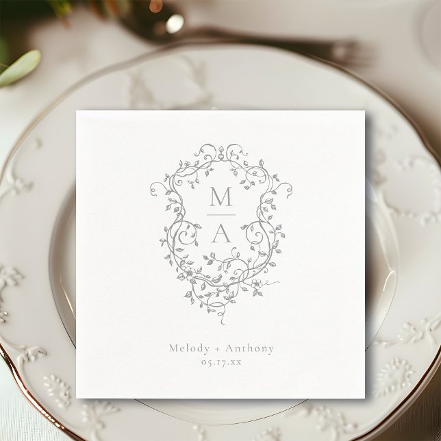 Serviette En Papier Gris Floral Crest Mariage classique (Créateur téléchargé)