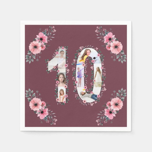 Serviette En Papier Gros 10e anniversaire fille photo Collage Fleur ro (Devant)