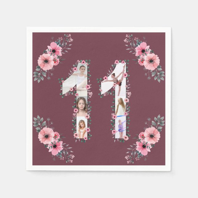 Serviette En Papier Gros 11e anniversaire fille photo Collage Fleur ro (Devant)