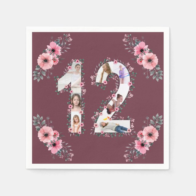 Serviette En Papier Gros 12e anniversaire fille Flower Photo Collage (Devant)