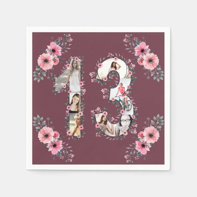 Serviette En Papier Gros 13e anniversaire fille Flower Photo Collage (Devant)
