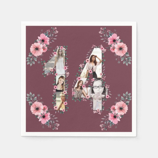Serviette En Papier Gros 14e anniversaire fille Flower Photo Collage (Devant)