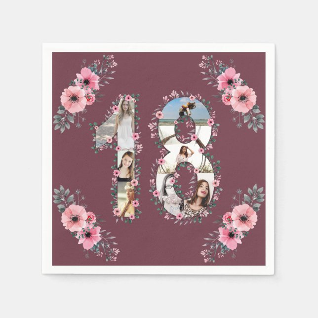 Serviette En Papier Gros 18e anniversaire fille Flower Photo Collage (Devant)