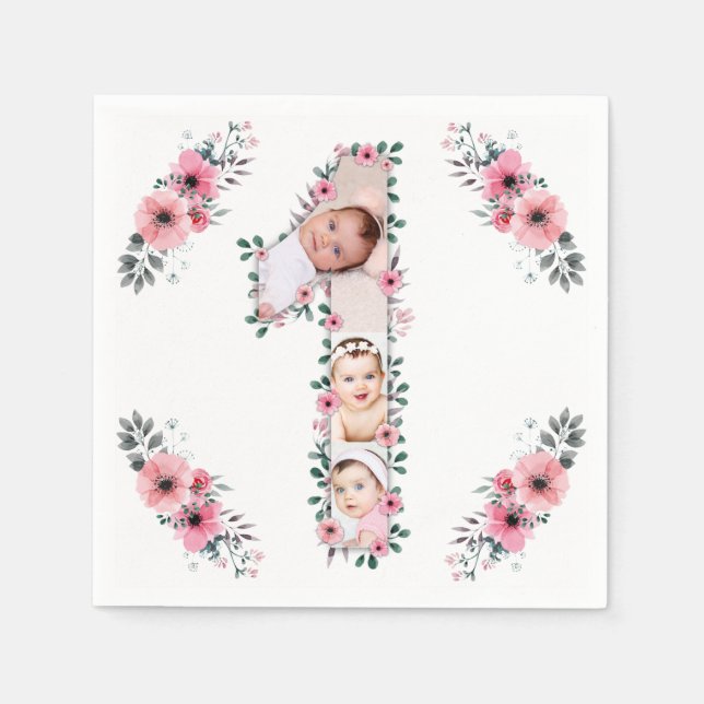 Serviette En Papier Gros 1er anniversaire fille photo Collage Fleur ro (Devant)