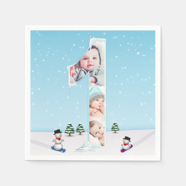 Serviette En Papier Gros 1er anniversaire hiver glace neige Collage ph (Devant)