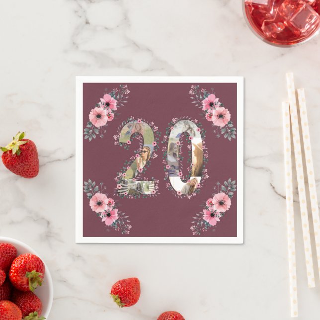 Serviette En Papier Gros 20e anniversaire Photo Collage Fille Fleur ro (En situation)