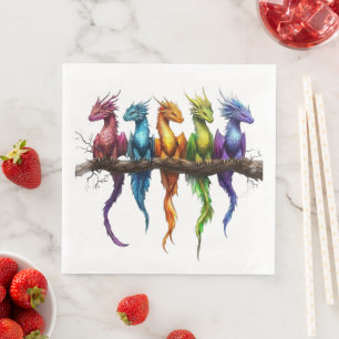 Serviette En Papier Groupe Arc-en-ciel de bébés dragons sur fond noir