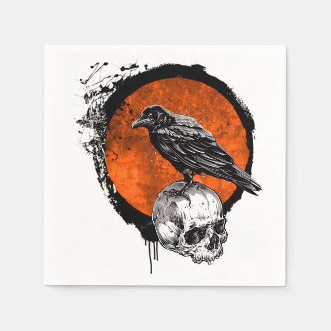 Serviette En Papier Grunge Halloween Corbeau & Crâne (Devant)