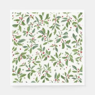 Serviette En Papier Gui de Noël Rouge Baie Blanc Aquarelle
