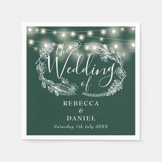 Serviette En Papier Guirlande Lumineuse Florale Émeraude Vert Mariage (Devant)