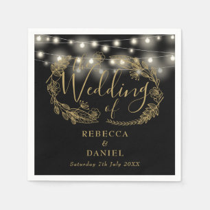 Serviette En Papier Guirlande lumineuse florale mariage noir et or