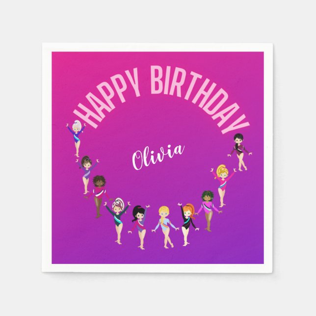 Serviette En Papier Gymnastique Amis "Joyeux Anniversaire" Rose violet (Devant)