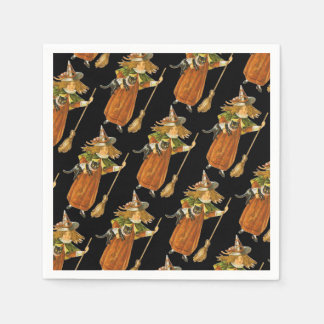 Serviette En Papier Halloween à l'ancienne, sorcière fille avec chat n