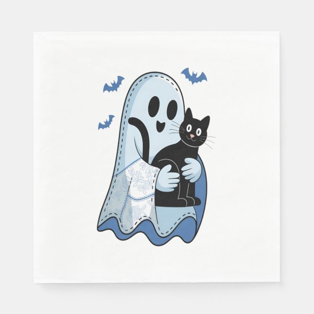 Serviette En Papier Halloween bleu Denim Ghost et chat (Devant)