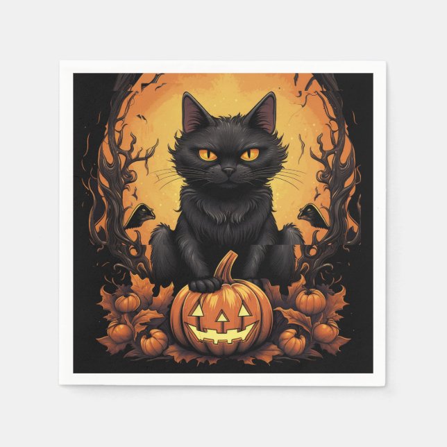 Serviette En Papier Halloween | Chat noir et Citrouille (Devant)