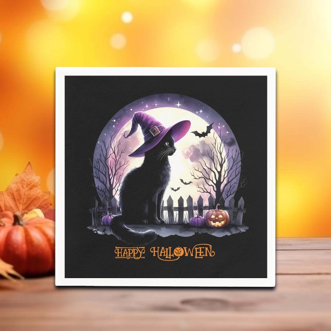 Serviette En Papier Halloween Chat Noir sorcière et chauves-souris (Créateur téléchargé)