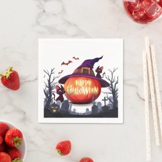 Serviette En Papier Halloween Citrouille, Chats et sorcière Ha