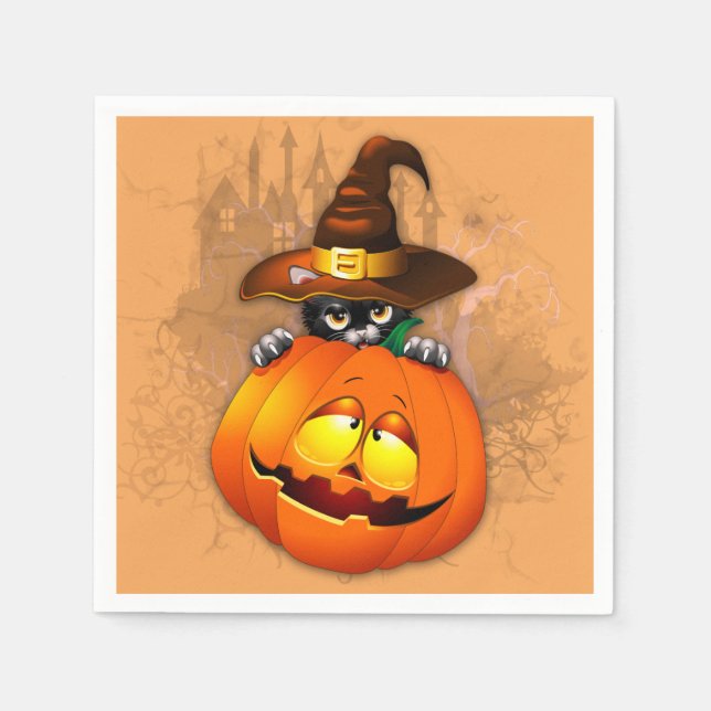 Serviette En Papier Halloween Cute Kitty Witch et ami Citrouille (Devant)